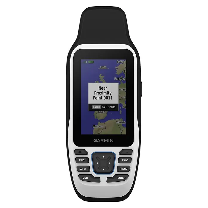Garmin GPS Handgerät GPS 79S - L x B x H: 6,77 x 4,23 x 17,4 cm, Anschlüsse: USB, Ausstattung: NMEA-Ausgang - Schwarz-weißes Garmin Hand-GPS-Gerät zeigt Karte und „Near Proximity Point“-Warnung auf dem Bildschirm, mit Funktionstasten.