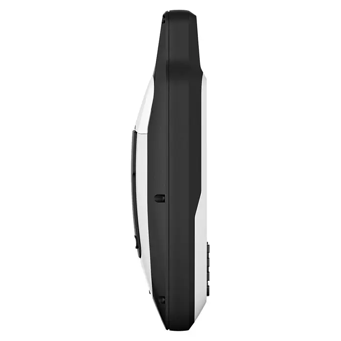 Garmin GPS Handgerät GPS 79S - L x B x H: 6,77 x 4,23 x 17,4 cm, Anschlüsse: USB, Ausstattung: NMEA-Ausgang - Seitenansicht eines robusten, schwarz-weißen tragbaren Elektronikgeräts mit sichtbaren Bedienelementen.