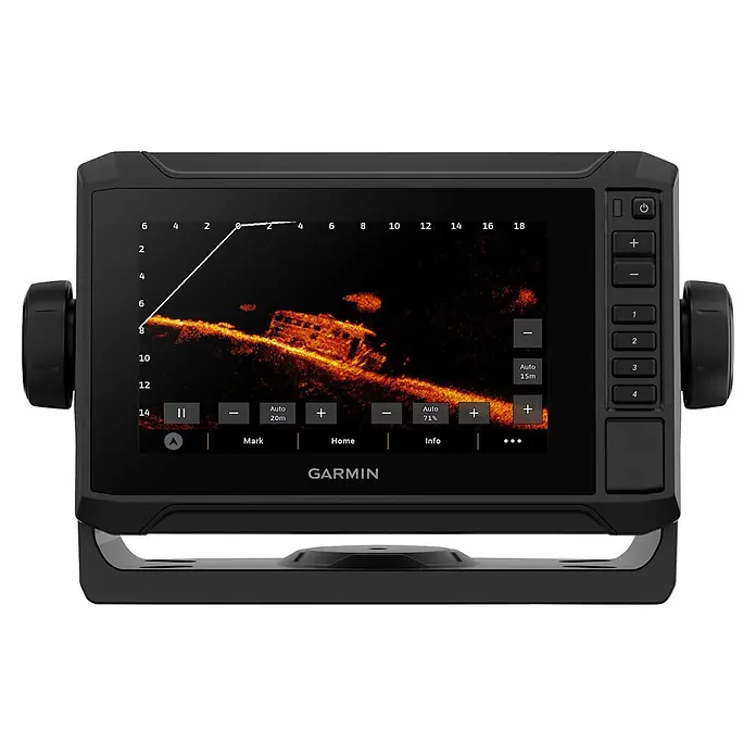 Garmin Fishfinder & Kartenplotter Echomap UHD2 - Bildschirmtyp: WVGA-Farbdisplay, L x B x H: 131 x 206 x 67 mm - Schwarzes Garmin Marine-Display/Fischfinder mit Side-Scan-Sonarbild eines Schiffswracks auf dem Bildschirm, sowie Bedientasten und Drehregler.