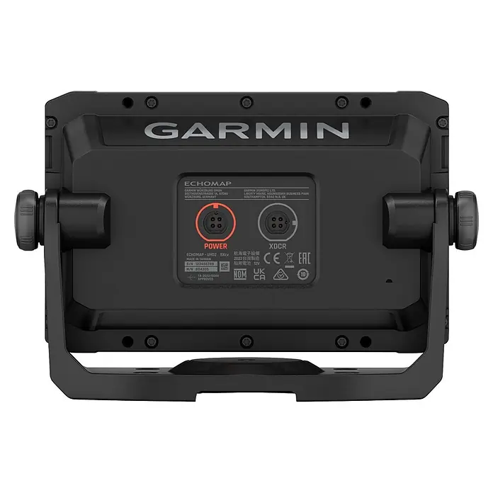 Garmin Fishfinder & Kartenplotter Echomap UHD2 - Geber: GT20 Geber, Bildschirmtyp: WVGA-Farbdisplay, L x B x H: 188 x 122 x 62 mm - Rückseite eines schwarzen Garmin ECHOMAP UHD2 5Xcv Sonar/GPS-Kombigeräts mit Strom- und Geberanschlüssen, auf einer Halterung montiert.