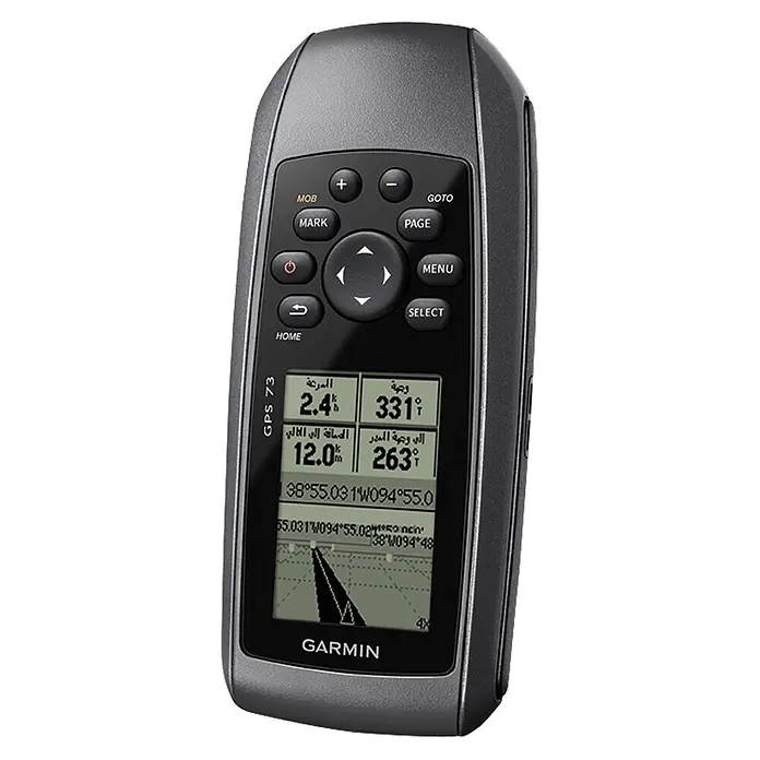 Garmin GPS Handgerät GPS 73 - L x B x H: 6,6 x 3 x 15,2 cm, Ausstattung: NMEA-Ausgang, Anschlüsse: USB - Schwarzes Garmin GPS 73 Handheld-Gerät zeigt Navigationsdaten auf seinem Bildschirm an.