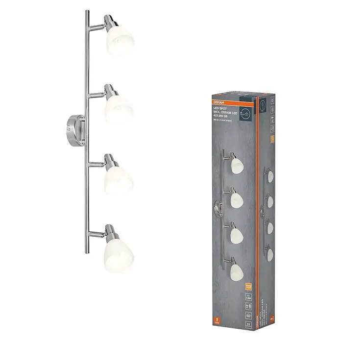 Osram LED-Deckenstrahler 827 - 8 W, L x B x H: 67,5 x 8 x 17 cm, Weiß/Silber, Warmweiß - Silberne LED-Wandleuchte mit vier verstellbaren Strahlern, daneben die Produktverpackung.