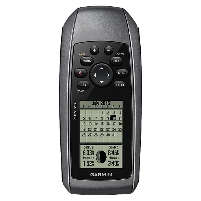 Garmin GPS Handgerät GPS 73 - L x B x H: 6,6 x 3 x 15,2 cm, Ausstattung: NMEA-Ausgang, Anschlüsse: USB - Schwarzes und graues Garmin GPS 73 Handheld-Gerät mit Bildschirm, der den Juli 2015 Kalender und Sonnen-/Monddaten anzeigt.