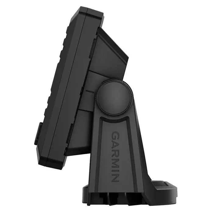 Garmin Fishfinder & Kartenplotter Echomap UHD2 - Geber: GT20 Geber, Bildschirmtyp: WVGA-Farbdisplay, L x B x H: 188 x 122 x 62 mm - Seitenansicht eines schwarzen Garmin-Geräts auf einem verstellbaren Montagefuß.