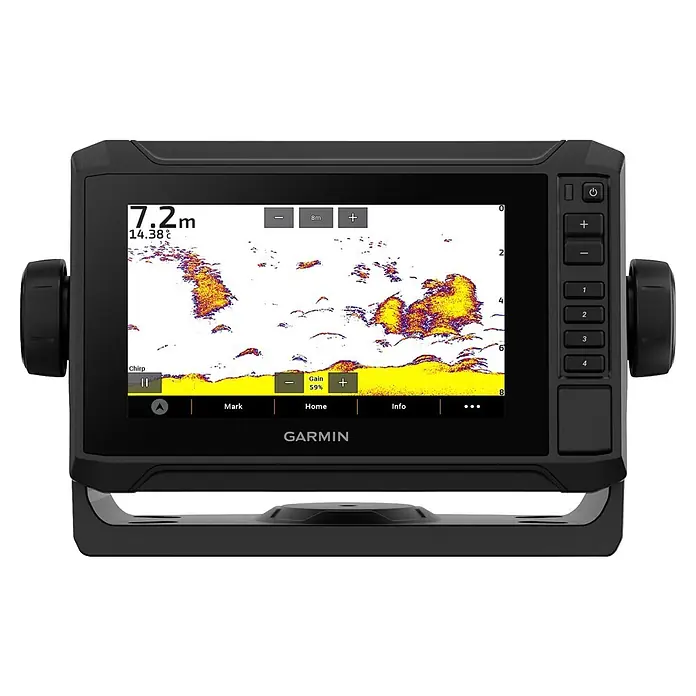 Garmin Fishfinder & Kartenplotter Echomap UHD2 - Bildschirmtyp: WVGA-Farbdisplay, L x B x H: 131 x 206 x 67 mm - Schwarzer Garmin Fishfinder mit Farbanzeige von Sonar, Tiefe und Temperatur, mit seitlichen Tasten und Drehreglern.