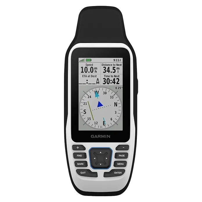 Garmin GPS Handgerät GPS 79S - L x B x H: 6,77 x 4,23 x 17,4 cm, Anschlüsse: USB, Ausstattung: NMEA-Ausgang - Ein schwarz-weißes, tragbares Garmin GPS-Gerät mit Bildschirm für Navigationsdaten und physischen Steuertasten darunter.