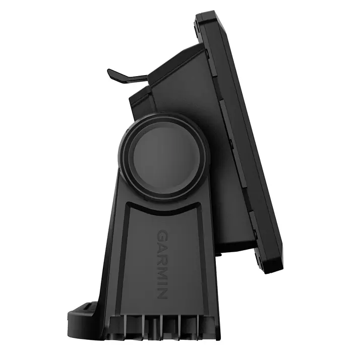 Garmin Fishfinder & Kartenplotter Echomap UHD2 - Bildschirmtyp: WVGA-Farbdisplay, L x B x H: 131 x 206 x 67 mm - Schwarzes Garmin-Gerät, seitlich auf seinem Montageständer.