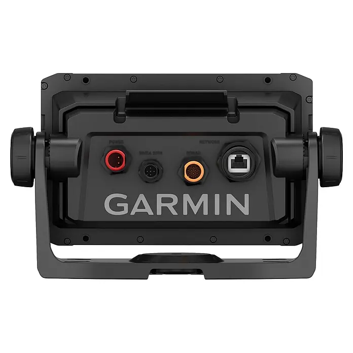 Garmin Fishfinder & Kartenplotter Echomap UHD2 - Bildschirmtyp: WVGA-Farbdisplay, L x B x H: 131 x 206 x 67 mm - Rückansicht eines schwarzen Garmin Marinegeräts im Bügel mit Anschlüssen für Strom, NMEA 2000, Sonar und Netzwerk.