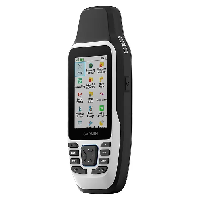 Garmin GPS Handgerät GPS 79S - L x B x H: 6,77 x 4,23 x 17,4 cm, Anschlüsse: USB, Ausstattung: NMEA-Ausgang - Schwarz-weißes Garmin Hand-GPS-Gerät mit Bildschirmmenü und Navigationstasten.