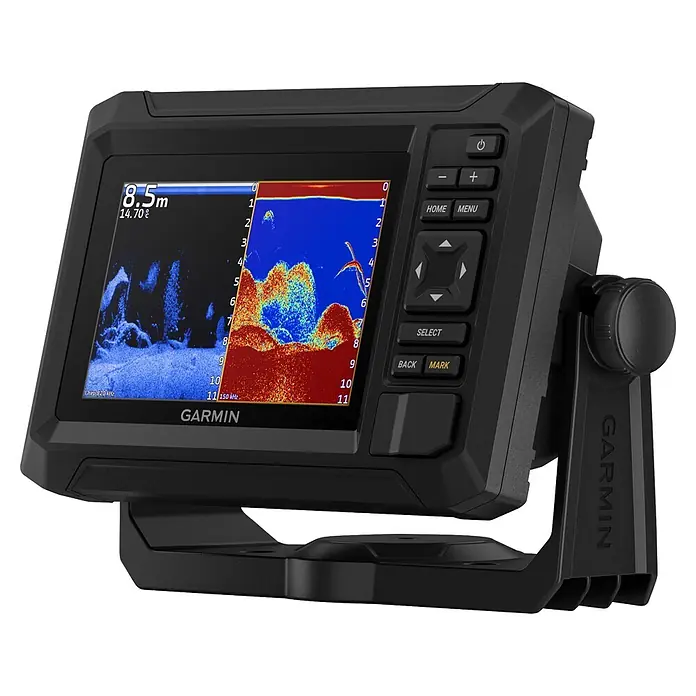 Garmin Fishfinder & Kartenplotter Echomap UHD2 - Geber: GT20 Geber, Bildschirmtyp: WVGA-Farbdisplay, L x B x H: 188 x 122 x 62 mm - Schwarzes Garmin Echolot mit digitalem Bildschirm, der Sonardaten und Bedientasten anzeigt.