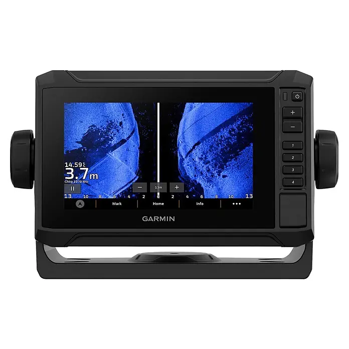 Garmin Fishfinder & Kartenplotter Echomap UHD2 - Bildschirmtyp: WVGA-Farbdisplay, L x B x H: 131 x 206 x 67 mm - Schwarzer Garmin Fischfinder mit digitalem Sonar-Display und Seitentasten auf schwenkbarer Halterung.