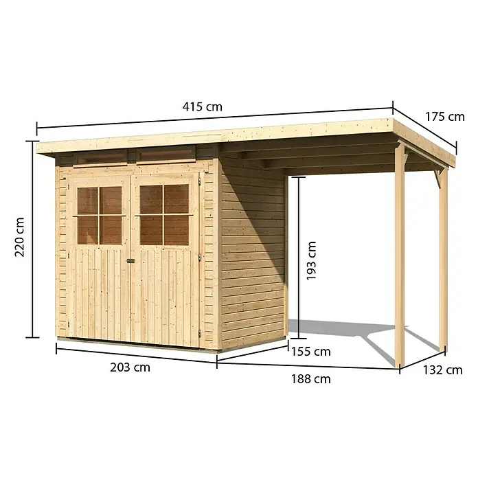 Karibu Gartenhaus Glücksburg - Außenmaß inkl. Dachüberstand (B x T): 415 x 175 cm, Holz, Natur, Grundfläche: 3,02 m² - Abbildung eines Holzgartenschuppens mit Vordach und Maßangaben zur Darstellung der Abmessungen und des Designs.