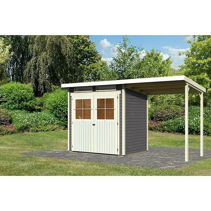 Karibu Gartenhaus Glücksburg - Außenmaß inkl. Dachüberstand (B x T): 415 x 175 cm, Holz, Terragrau, Grundfläche: 3,02 m² - Modernes Gartenhaus mit Carport-Anbau. Das Häuschen hat eine graue Holzfassade und weiße Doppeltüren. Ideal für Garten und Freizeit!