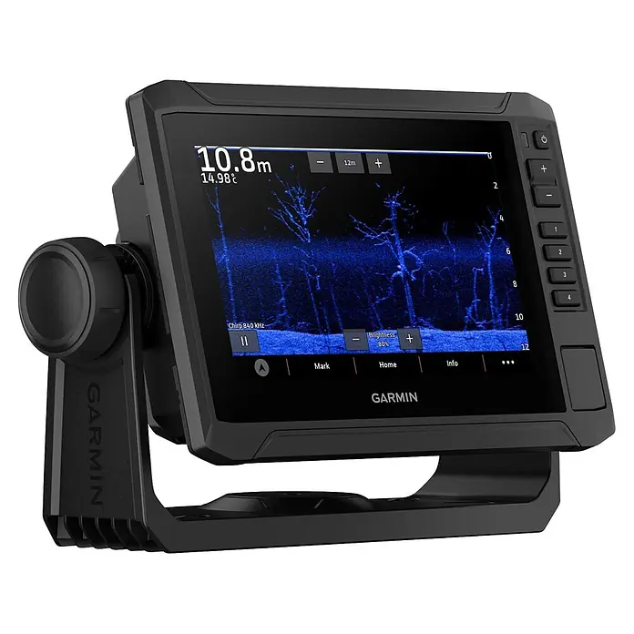 Garmin Fishfinder & Kartenplotter Echomap UHD2 - Geber: GT20 Geber, Bildschirmtyp: WVGA-Farbdisplay, L x B x H: 218 x 142 x 81 mm - Schwarzer Garmin Fischfinder/Kartenplotter auf Ständer, zeigt Sonardaten mit Unterwasserstrukturen und Tiefe an.