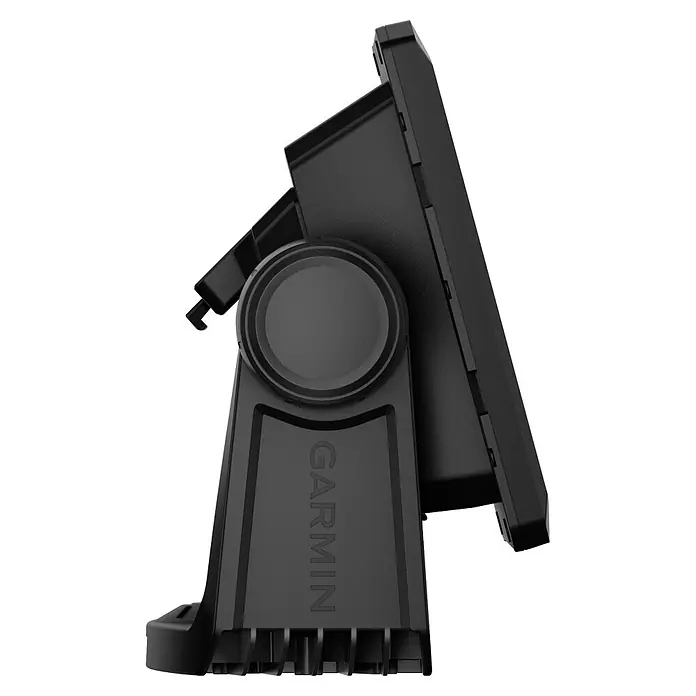 Garmin Fishfinder & Kartenplotter Echomap UHD2 - Geber: GT20 Geber, Bildschirmtyp: WVGA-Farbdisplay, L x B x H: 218 x 142 x 81 mm - Schwarzes Garmin Marine-Display mit Logo auf einer verstellbaren Halterung.