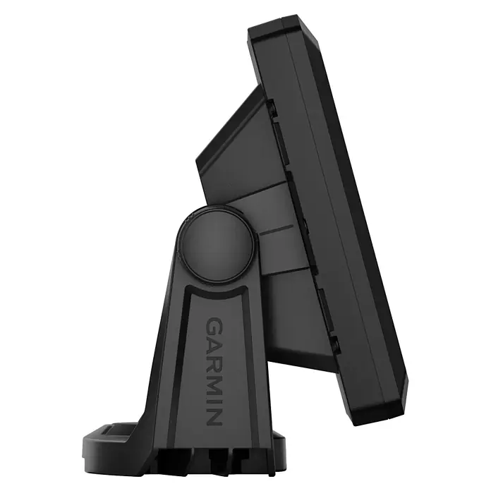 Garmin Fishfinder & Kartenplotter Echomap UHD2 - Geber: GT20 Geber, Bildschirmtyp: WVGA-Farbdisplay, L x B x H: 232 x 143 x 67 mm - Schwarzes Garmin Marine-Display auf verstellbarem Halter.