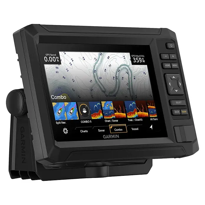 Garmin Fishfinder & Kartenplotter Echomap UHD2 - Geber: GT20 Geber, Bildschirmtyp: WVGA-Farbdisplay, L x B x H: 232 x 143 x 67 mm - Schwarzer Garmin Marine-Kartenplotter/Fischfinder mit Bildschirm für Navigations- und Sonardaten und physischen Steuerungstasten.