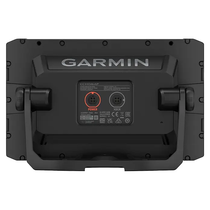 Garmin Fishfinder & Kartenplotter Echomap UHD2 - Geber: GT20 Geber, Bildschirmtyp: WVGA-Farbdisplay, L x B x H: 232 x 143 x 67 mm - Rückansicht eines schwarzen Garmin ECHOMAP UHD2 7Xcv Fishfinders mit Anschlüssen und Halterung.