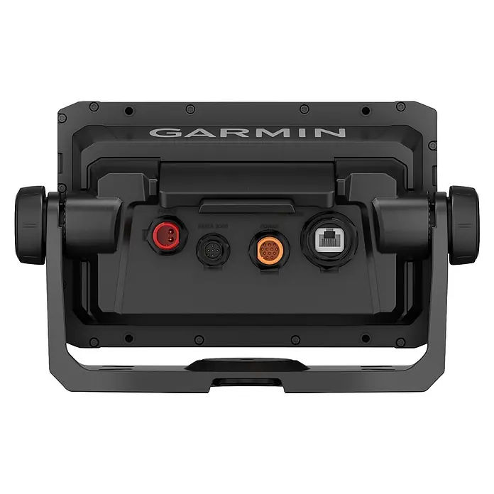 Garmin Fishfinder & Kartenplotter Echomap UHD2 - Geber: GT20 Geber, Bildschirmtyp: WVGA-Farbdisplay, L x B x H: 218 x 142 x 81 mm - Rückseite eines dunkelgrauen Garmin Marinegeräts mit Strom-, NMEA 2000-, Sonar- und Netzwerkanschlüssen, montiert an einer verstellbaren Halterung.
