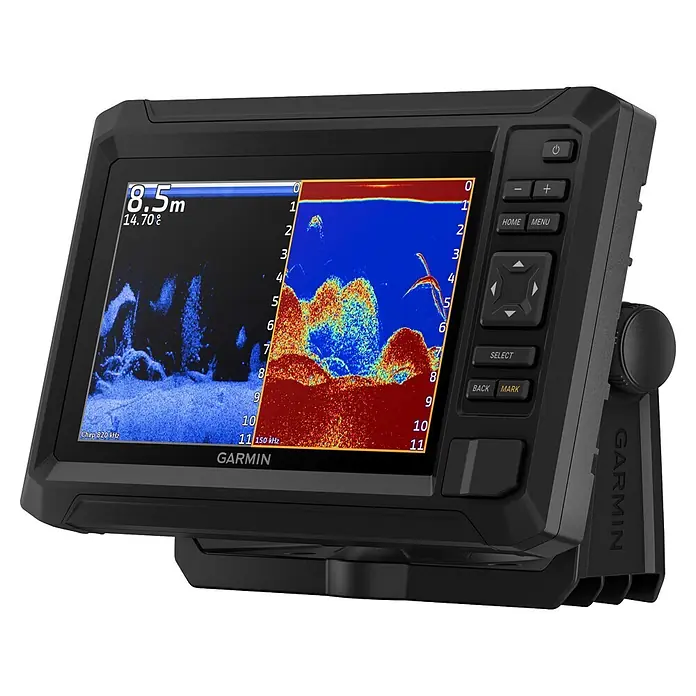 Garmin Fishfinder & Kartenplotter Echomap UHD2 - Geber: GT20 Geber, Bildschirmtyp: WVGA-Farbdisplay, L x B x H: 232 x 143 x 67 mm - Schwarzer Garmin Fischfinder mit Farbbildschirm zeigt Sonardaten bei 8,5m Tiefe und Bedientasten.