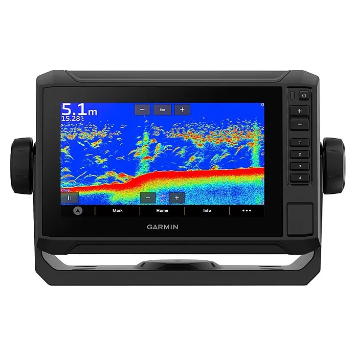 Garmin Fishfinder & Kartenplotter Echomap UHD2 - Geber: GT20 Geber, Bildschirmtyp: WVGA-Farbdisplay, L x B x H: 218 x 142 x 81 mm - Schwarzes Garmin Echolot mit digitaler Anzeige von Sonardaten, Tiefe (5,1m) und Temperatur (15,28C) und Seitentasten.
