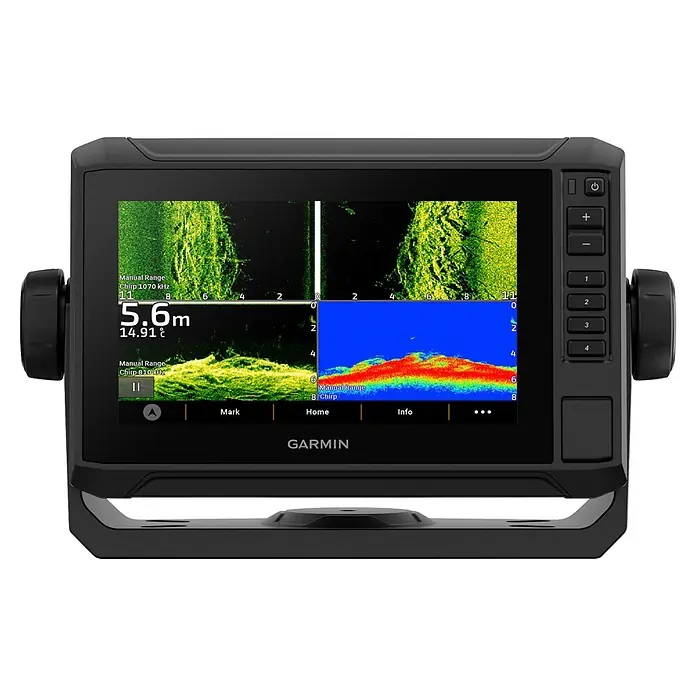 Garmin Fishfinder & Kartenplotter Echomap UHD2 - Geber: GT20 Geber, Bildschirmtyp: WVGA-Farbdisplay, L x B x H: 218 x 142 x 81 mm - Schwarzes Garmin Fishfinder-Display zeigt Sonardaten, 5,6m Tiefe, 14,91°C und Bedientasten.