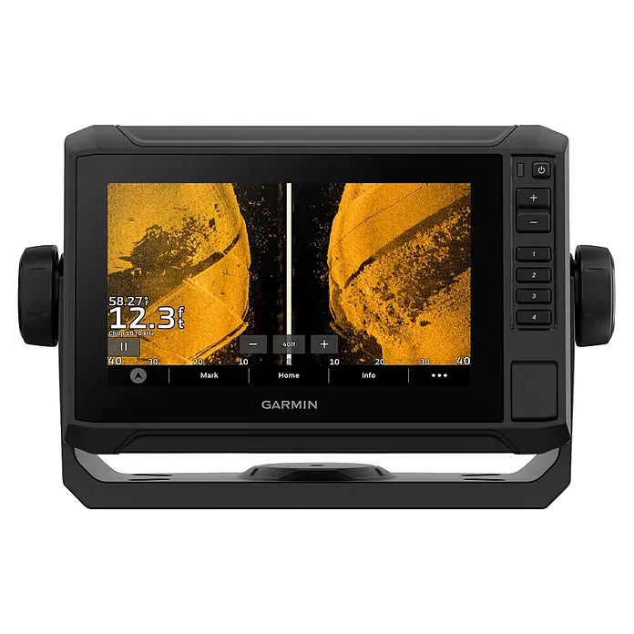 Garmin Fishfinder & Kartenplotter Echomap UHD2 - Geber: GT20 Geber, Bildschirmtyp: WVGA-Farbdisplay, L x B x H: 218 x 142 x 81 mm - Schwarzes Garmin Marine-Display mit Sonarbildern, Tiefendaten und seitlichen Bedienelementen auf einer Halterung.