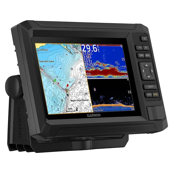 Garmin Fishfinder & Kartenplotter Echomap UHD2 - Geber: GT20 Geber, Bildschirmtyp: WVGA-Farbdisplay, L x B x H: 232 x 143 x 67 mm - Schwarzer Garmin Fischfinder mit robustem Gehäuse zeigt Navigationskarten und Sonardaten auf dem Bildschirm, Tasten seitlich.