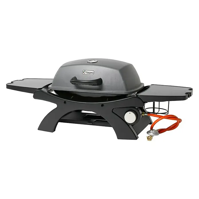 Tepro Gasgrill Abington - Grillfläche (B x T): 23,5 x 35 cm, 3,2 kW, Anzahl Brenner: 1 - Bild eines tragbaren Gasgrills der Marke Tepro mit Seitentischen und grauem Deckel.