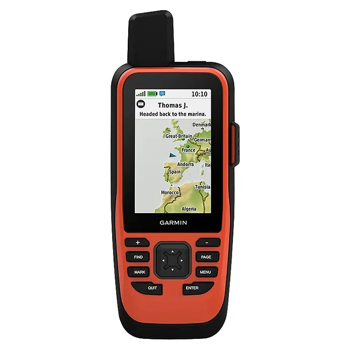 Garmin GPS Handgerät GPS Map 86i - L x B x H: 44 x 67,5 x 178 mm - Orange-schwarzes Garmin Hand-GPS-Gerät mit Bildschirm, der eine Karte, Nachricht und Tasten anzeigt.
