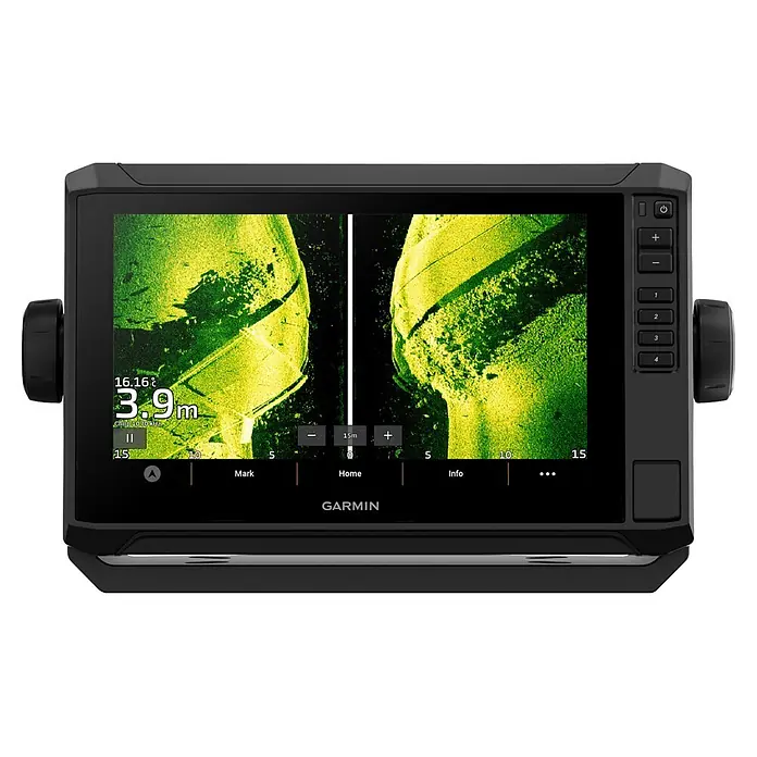 Garmin Fishfinder & Kartenplotter Echomap UHD2 - Bildschirmtyp: WVGA-Farbdisplay, L x B x H: 264 x 166 x 80 mm - Schwarzes Garmin Marine-Display zeigt Sonardaten, Tiefe und Temperatur, mit seitlichen Tasten und Knöpfen.