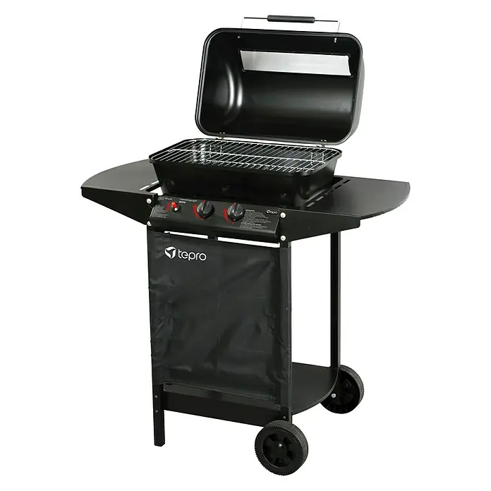 Tepro Gasgrill Irvine - Grillfläche (B x T): 50 x 31 cm, 5,4 kW, Anzahl Brenner: 2 - Schwarzer Tepro Gasgrill mit Ablageflächen und einer schwarzen Abdeckung. Ideal für Grillabende im Freien.