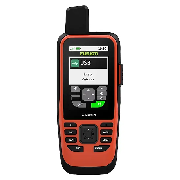 Garmin GPS Handgerät GPS Map 86i - L x B x H: 44 x 67,5 x 178 mm - Garmin Handheld-GPS mit orange-schwarzem Gehäuse, zeigt Musikwiedergabe „Beats Yesterday“ auf dem Bildschirm.