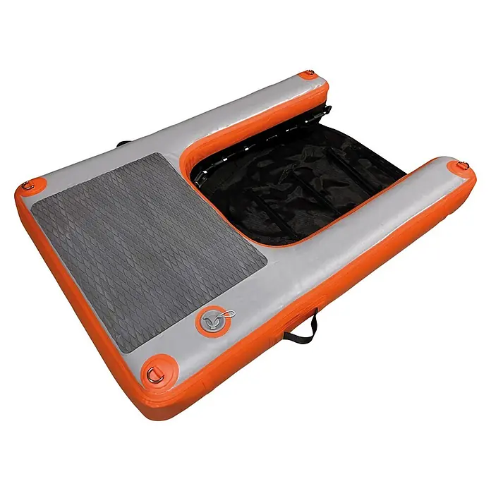 Badeleiter Dog Ramp XL - L x B x H: 129 x 89 x 17 cm - Aufblasbare grau-orange schwimmende Wasserplattform mit rutschfester Matte, Netzstauraum, D-Ringen und Griffen.