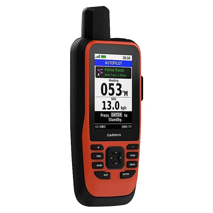Garmin GPS Handgerät GPS Map 86i - L x B x H: 44 x 67,5 x 178 mm - Ein oranges und schwarzes Garmin Handheld-GPS-Gerät, das Navigationsdaten wie Kurs und Geschwindigkeit anzeigt, mit physischen Bedientasten darunter.