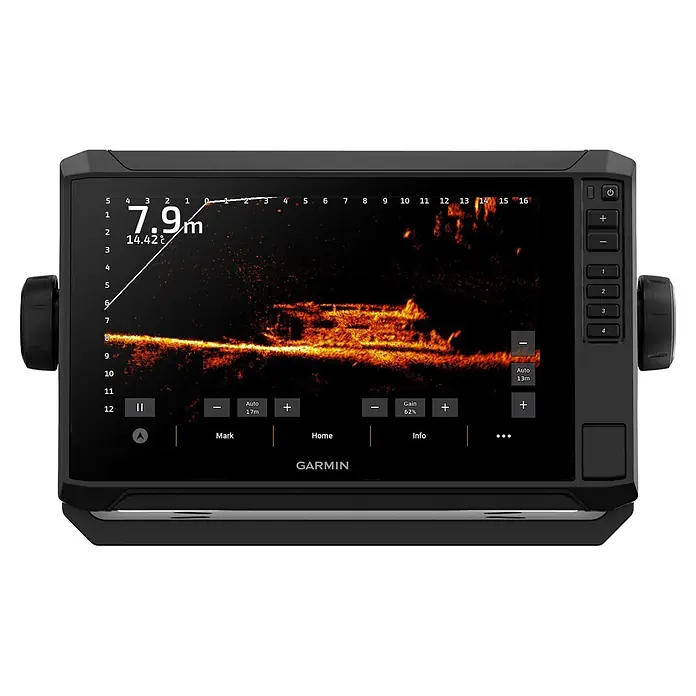 Garmin Fishfinder & Kartenplotter Echomap UHD2 - Bildschirmtyp: WVGA-Farbdisplay, L x B x H: 264 x 166 x 80 mm - Schwarzer Garmin Fishfinder mit Sonardaten, Tiefe (7,9m) und Temperatur (14,42°C) auf dem Display, mit Bedientasten.