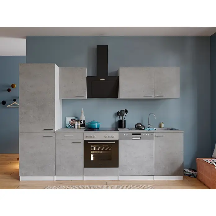 Respekta Küchenzeile Malia Typ 1 - Breite: 280 cm, Beton, Mit Elektrogeräten - Moderne Modulküche in Betonoptik Grau mit schwarzem Kochfeld, Backofen und Dunstabzugshaube. Mit Spüle und Geschirrspüler.