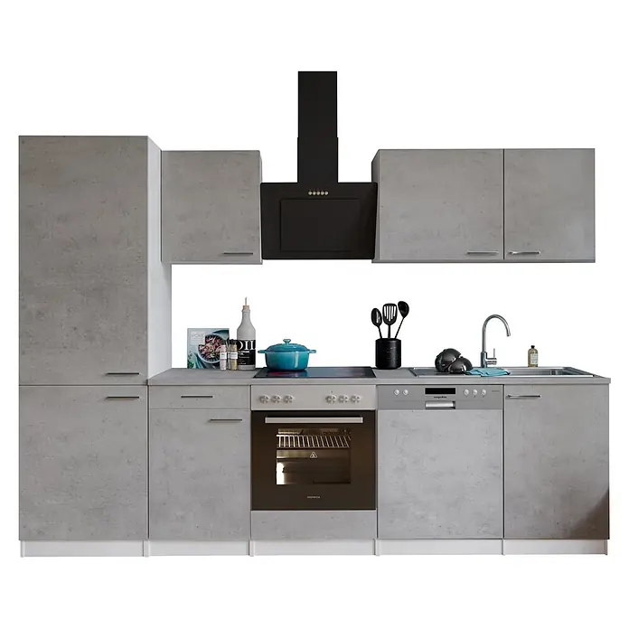 Respekta Küchenzeile Malia Typ 1 - Breite: 280 cm, Beton, Mit Elektrogeräten - Moderne graue Küche im Beton-Look mit integrierten Geräten und schwarzer Dunstabzugshaube.