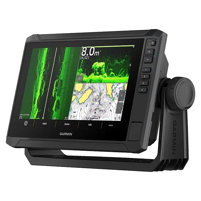 Garmin Fishfinder & Kartenplotter Echomap UHD2 - Bildschirmtyp: WVGA-Farbdisplay, L x B x H: 264 x 166 x 80 mm - Schwarzes Garmin Marine-Display zeigt Sonar (8,0 m Tiefe) und Seekartendaten, montiert auf einer Halterung.