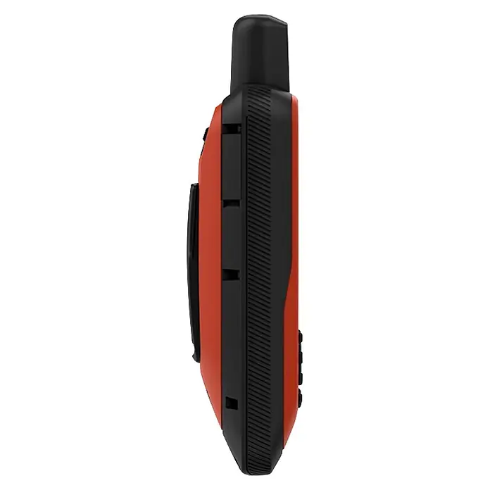 Garmin GPS Handgerät GPS Map 86i - L x B x H: 44 x 67,5 x 178 mm - Orange-schwarzes Handheld-GPS/Satellitenkommunikator, Seitenansicht mit Antenne und Bedientasten.