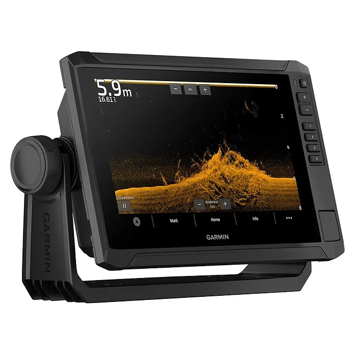 Garmin Fishfinder & Kartenplotter Echomap UHD2 - Bildschirmtyp: WVGA-Farbdisplay, L x B x H: 264 x 166 x 80 mm - Schwarzes Garmin Echolot mit Sonardaten auf dem Bildschirm, auf verstellbarem Stand montiert.
