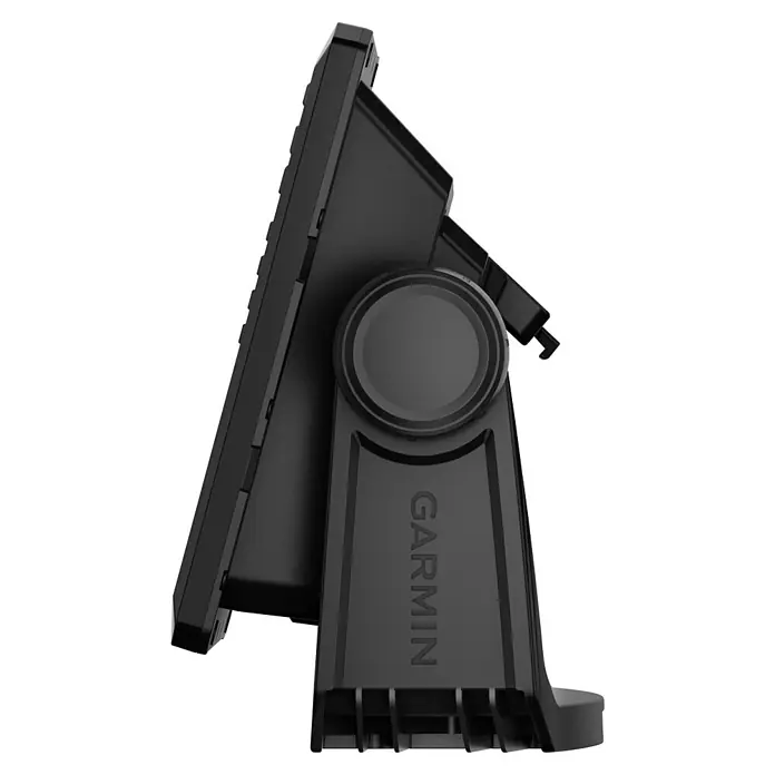 Garmin Fishfinder & Kartenplotter Echomap UHD2 - Bildschirmtyp: WVGA-Farbdisplay, L x B x H: 264 x 166 x 80 mm - Seitenansicht eines schwarzen Garmin-Bildschirms auf einem verstellbaren Ständer. Strukturierte Kunststoffoberfläche mit Garmin-Logo.