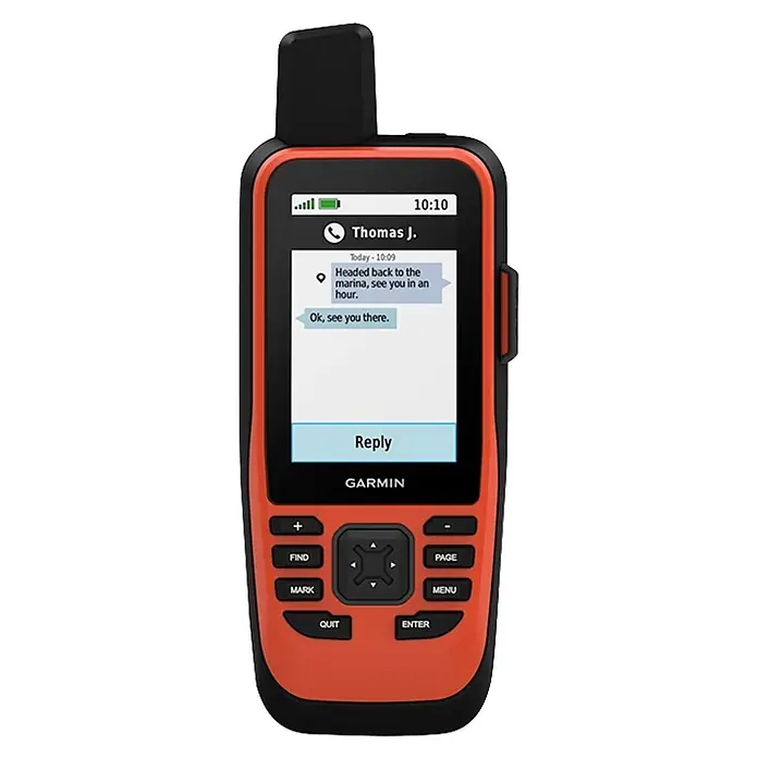 Garmin GPS Handgerät GPS Map 86i - L x B x H: 44 x 67,5 x 178 mm - Oranges und schwarzes Garmin Handheld-GPS-Gerät mit Nachrichtenanzeige und physischen Steuertasten darunter.