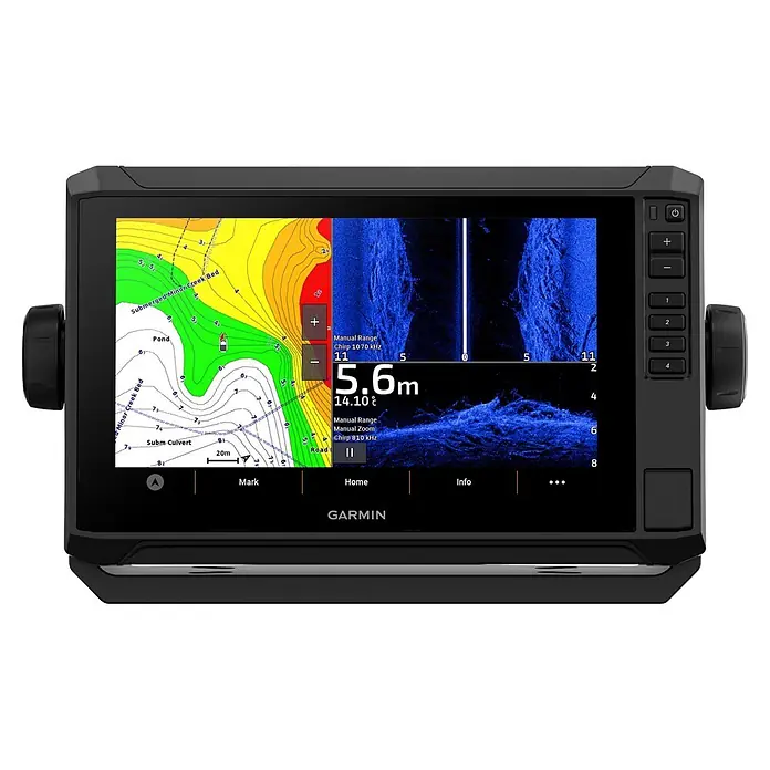 Garmin Fishfinder & Kartenplotter Echomap UHD2 - Bildschirmtyp: WVGA-Farbdisplay, L x B x H: 264 x 166 x 80 mm - Schwarzer Garmin Kartenplotter mit Bildschirm, der Navigationskarten, Sonardaten, Tiefe (5,6 m) und Temperatur (14,10 °C) anzeigt.