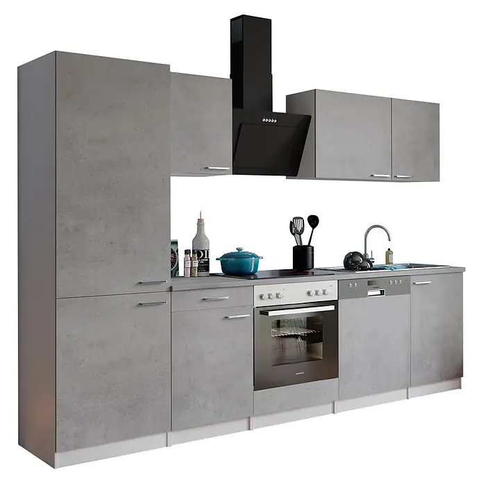 Respekta Küchenzeile Malia Typ 1 - Breite: 280 cm, Beton, Mit Elektrogeräten - Moderne Küchenzeile in Betonoptik Grau mit integriertem Backofen, Kochfeld, Geschirrspüler, Dunstabzugshaube und Spüle, komplett mit Zubehör.
