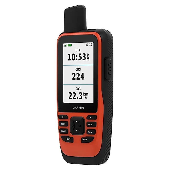 Garmin GPS Handgerät GPS Map 86i - L x B x H: 44 x 67,5 x 178 mm - Orange-schwarzes Garmin Hand-GPS-Gerät mit Navigationsdatenanzeige, physischen Tasten und SOS-Knopf.
