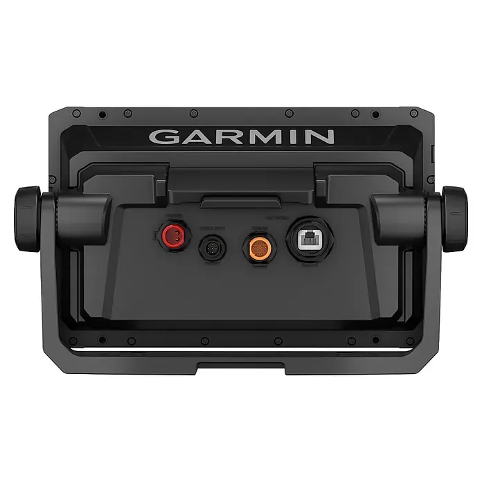 Garmin Fishfinder & Kartenplotter Echomap UHD2 - Bildschirmtyp: WVGA-Farbdisplay, L x B x H: 264 x 166 x 80 mm - Rückseite eines schwarzen Garmin Marine-Displays mit Anschlüssen für Strom, NMEA 2000, Sonar und Netzwerk, auf einer Halterung.