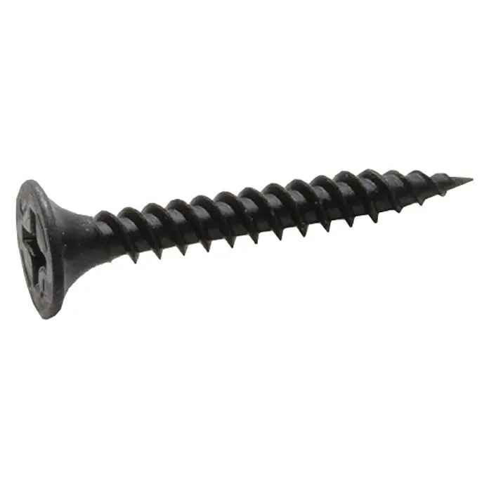 Placafix Tornillo para construcción en seco - Largo: 45 mm, Número de componentes: 1.000 ud., Diámetro cabeza: 3,5 mm - Primer plano de un solo tornillo negro para paneles de yeso con rosca afilada y cabeza Phillips sobre un fondo negro.