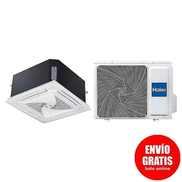Haier Aire acondicionado cassette AB35S2SC2FA - 3,5 kW, 4 kW, Tamaño de la estancia: 20 m² - 35 m² - Sistema de aire acondicionado Haier blanco con unidad interior de casete y unidad exterior.