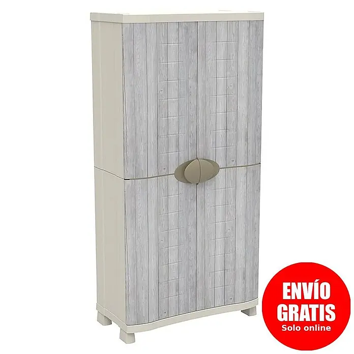Plastiken Space Saver Armario multiusos de plástico - L x An x Al: 45 cm x 90 mm x 184 cm, Nordic - Armario de dos puertas con marco beige y puertas efecto madera gris claro, con un tirador ovalado.
